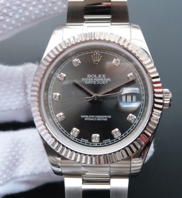 Rolex DateJust II SS Fluted Bezel Gray Dial Diamonds Markers SS Bracelet A3136