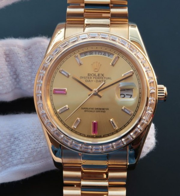 Rolex Day Date II RG Gold Dial Diamonds Bezel White/Red Crystal Markers RG Bracelet A3255