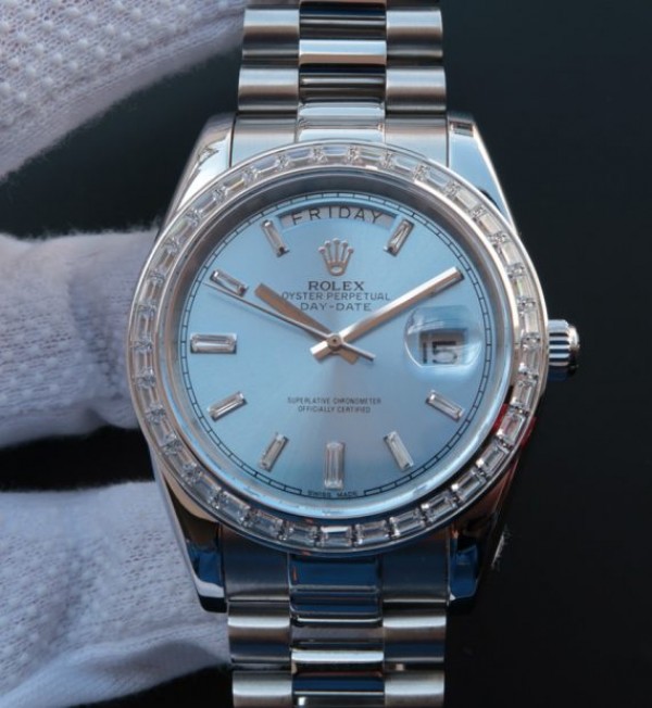 Rolex Day Date SS Diamonds Bezel Ice Blue Dial Crystal Markers SS Bracelet A3255