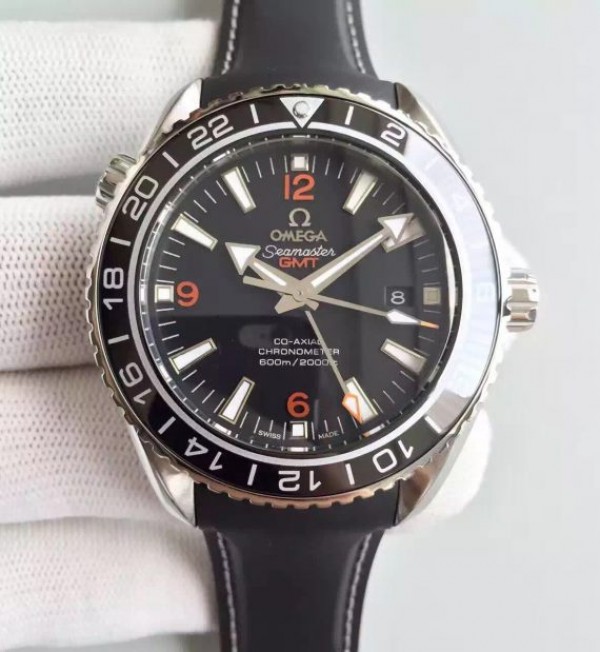 Omega Planet Ocean SS GMT Black Dial Orange Markers Rubber Strap A8605