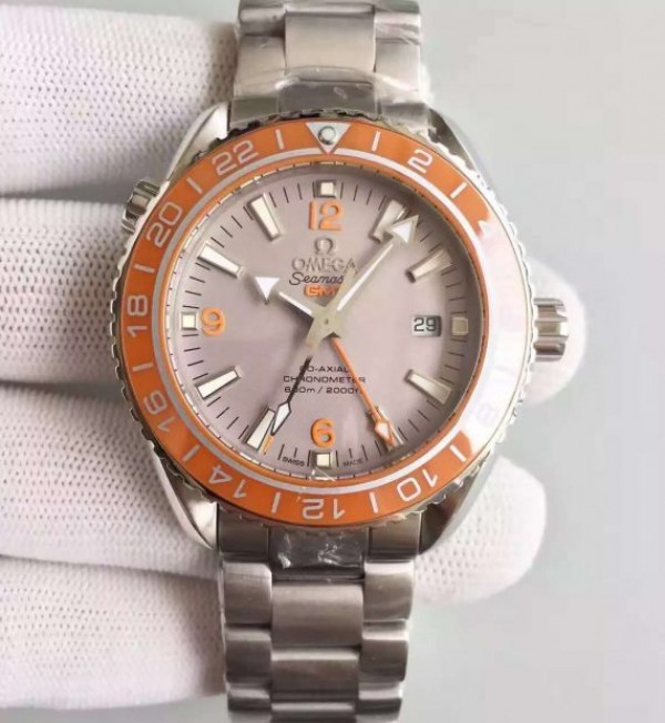 Omega Planet Ocean SS GMT Gray Dial Orange Bezel SS Bracelet A8605