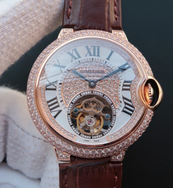 Cartier Ballon Bleu de Cartier 42mm Tourbillon RG Paved Diamonds Leather Strap