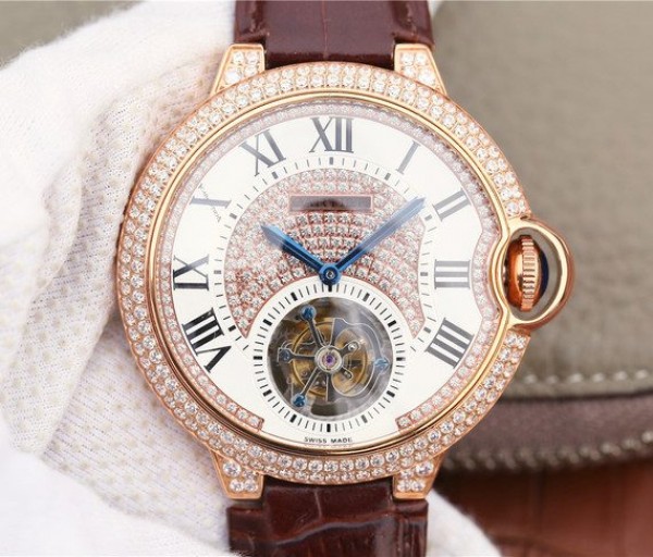 Cartier Ballon Bleu de Cartier Tourbillon RG Paved Diamonds Leather Strap