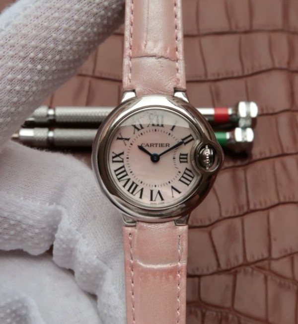 Cartier Ballon Bleu Ladies 28MM White Dial Pink Leather Strap Ronda Quartz