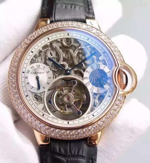 Cartier Ballon Bleu Skeleton Tourbillon Diamond Bezel RG White Dial