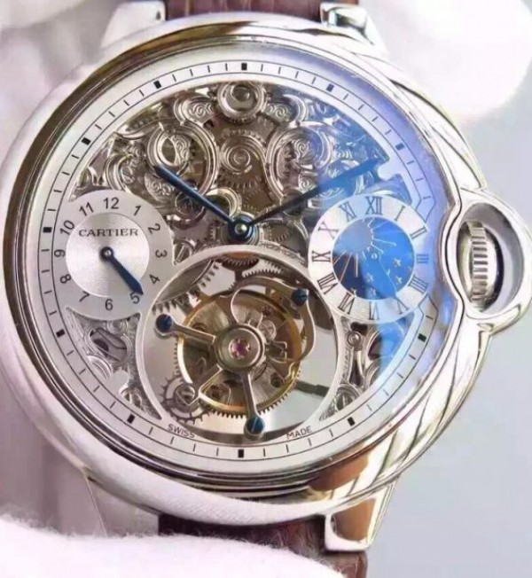 Cartier Ballon Bleu Skeleton Tourbillon White Dial Brown Leather Strap