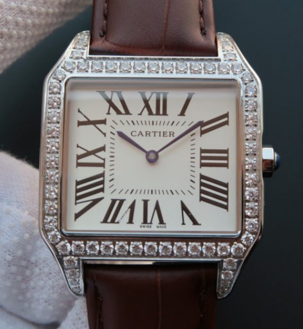 Cartier Santos WH100651 Diamond SS White Dial Leather Strap A9015