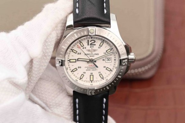 Breitling Colt Automatic 44mm SS GF White Textured Dial on Black Leather Strap A2824