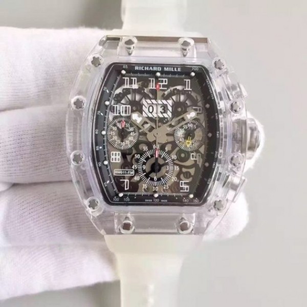 Richard Mille RM011 Transparent Case White Bezel Skeleton Dial White Rubber Strap A7750