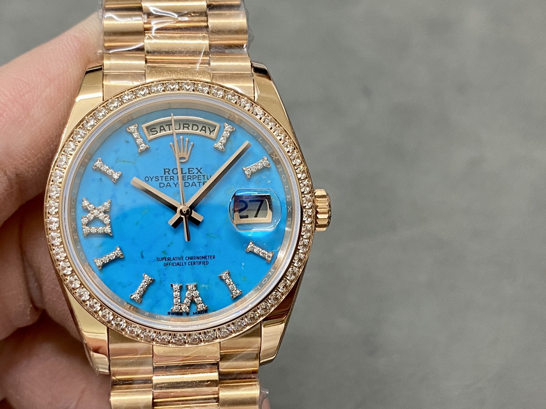 Rolex Day-Date 36 President gold Turquoise "Tiffany" Dial Baguette Diamond Bezel