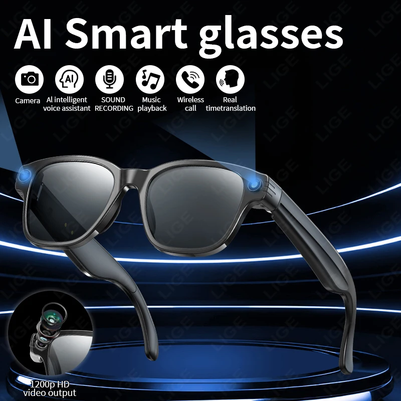 New AI Smart Glasses 800W Camera WIFI+Bluetooth Real-time Transmission Sunglasses Touch Control Video Record Glasses Android IOS