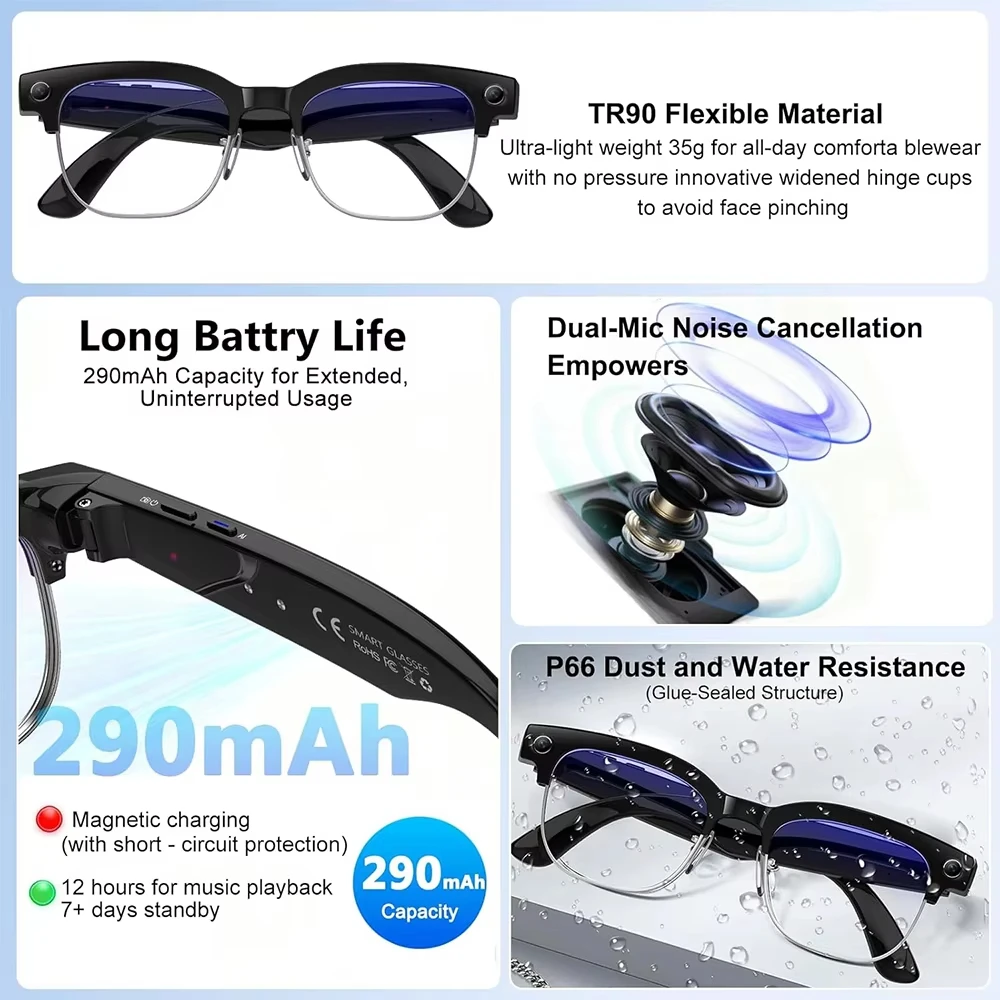 2026 New 8MP Ultra-Wide HD Camera Smart Glasses Video Record 4GB AI Photo Recognition BT Call Translation Voice Smart Glasses