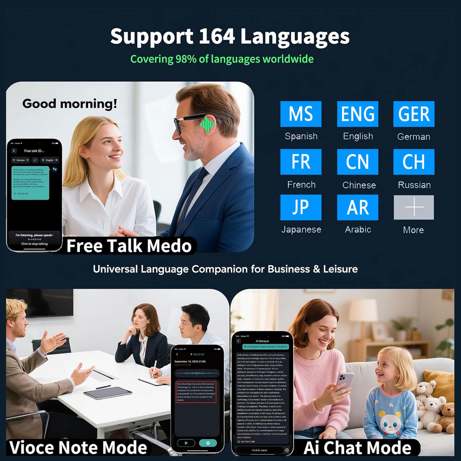Smart AI Translation Glasses, Real-Time App Translation in Over 160 Languages, Light-Sensing Color-Changing Lenses