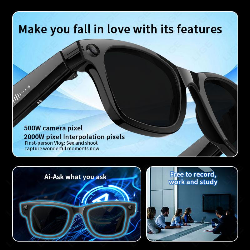 Black Sunglasses with Video Recording, LIGE, New 2025, 5MP Camera, Bluetooth Calling, Music Playback, Language Translation, AI Smart Glasses, For Men and Women