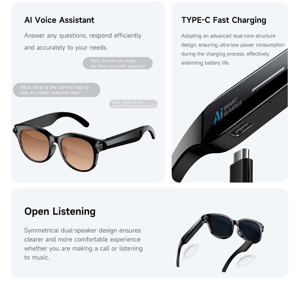 Smart Glasses, AI Technology, Real-Time Translation, Dual Camera, Bluetooth Calling, Sunglasses, Audio Capture, Video and Music Player, Multifunctional, For Men